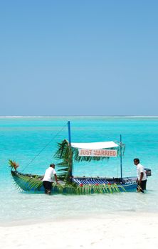 beautiful scenic with typical boat ready for just married couple in Maldives