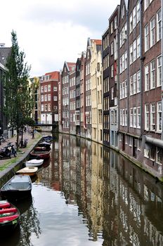 Typical buildings facing a canal in Amsterdam