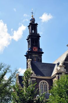 Tower of the historic Westerkerk (Western church) in Amsterdam, Netherlands.