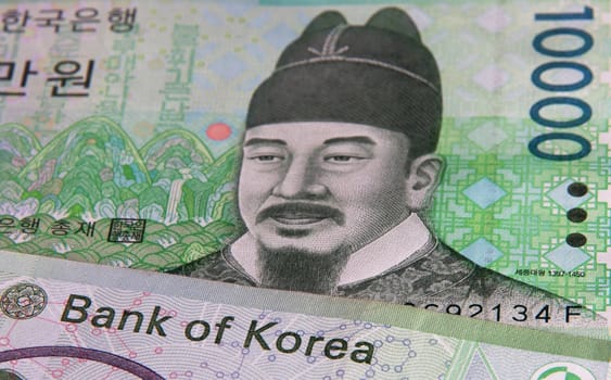 A detailed close-up of the 10,000 Won, depicting the words Bank of Korea 