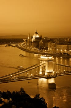 View of Chain Bridge, Hungarian Parliament and River Danube form Buda Castle.