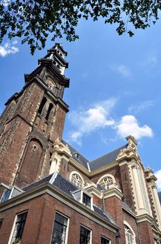 Tower of the historic Westerkerk (Western church) in Amsterdam, Netherlands.