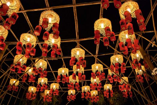 Asian traditional laterns at New Year festival nights in Vietnam. The chinese letter on the lanterns mean Happiness.