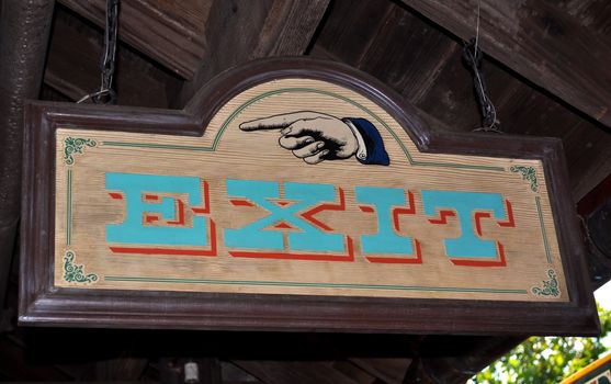 Exit sign, far west style, at amusement park.