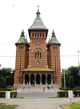 Orthodox cathedral of Timisoara some of its eleven towers front view.