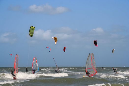 Kite and wind surfers at sea