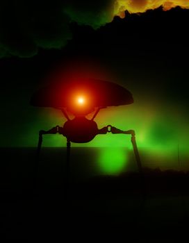 An alien tripod against a dark green abstract sky.