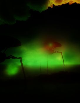 An alien tripod against a dark green abstract sky.