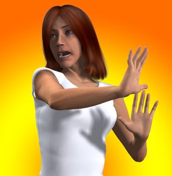 A lady reacting in shock or terror to something.
