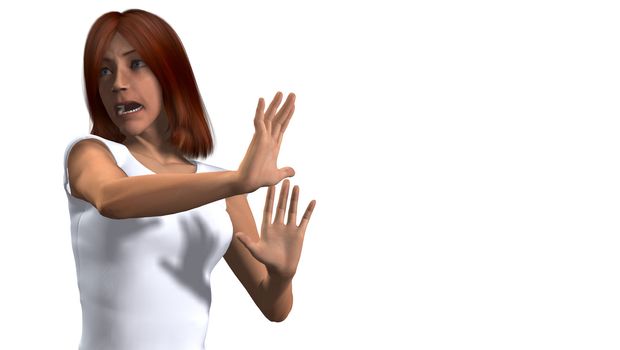 A lady reacting in shock or terror to something.