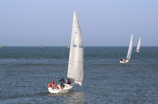 Three sailboats in a sailing match at sea