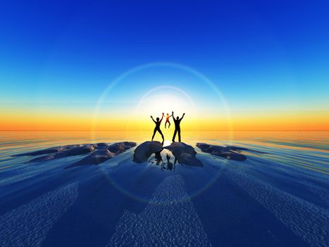 A silhouetted family by a sea landscape.