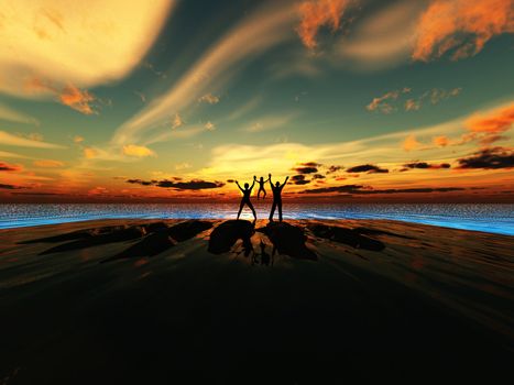 A silhouetted family by a sea landscape.