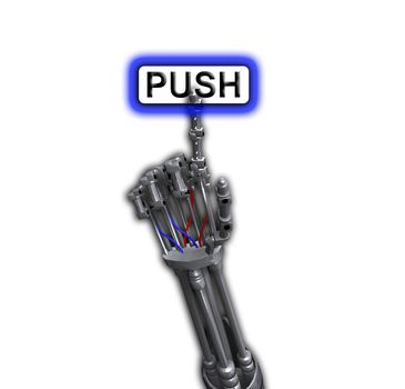 A robot hand pushing on a button.