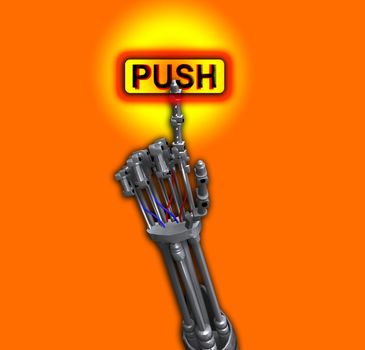 A robot hand pushing on a button.