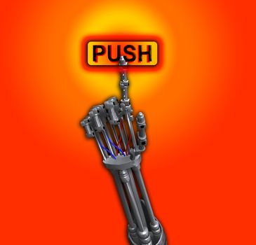 A robot hand pushing on a button.