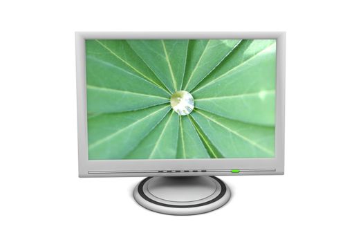 flat screen lcd computer monitor with a green status led and on the screen a green palm leaf with a drop of water in the middle