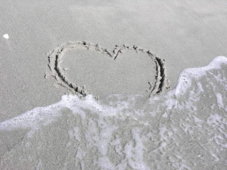 heart shape on beach being washed out by ocean surf
