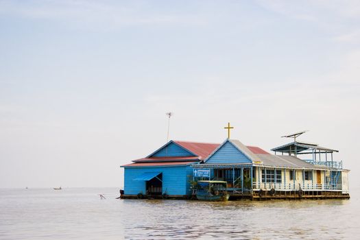 Image of a floating church on Lake Tonle Sap, at Chong Kneas, Siem Reap, Cambodia. 