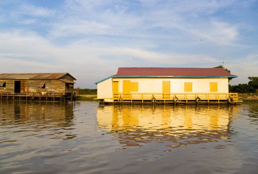 Image of a floating church on Lake Tonle Sap, at Chong Kneas, Siem Reap, Cambodia. 