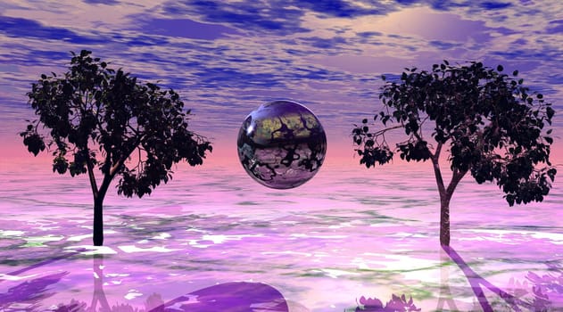 Two trees and a ball in a pink purple landscape