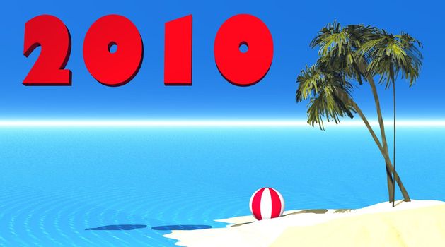 2010 written in red color aside of an island with one palm tree, clear yellow sans and a white and red ball in middle of clear light blue sea