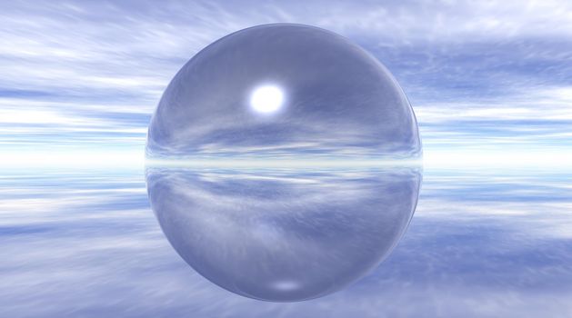 Transparent glass bubble floating in a blue cloudy sky
