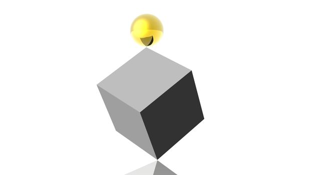 Shining gold ball and a grey cube in equilibrium