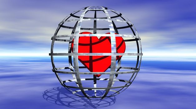 Red heart in a grey spheric jail, on a blue sea and with a deep blue sky in background