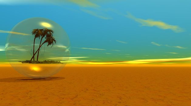 Palm tree in a transparent bubble glass in the desert with a deep blue sky