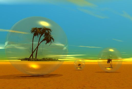 Three palm trees in transparent bubbles in the desert with a deep blue sky