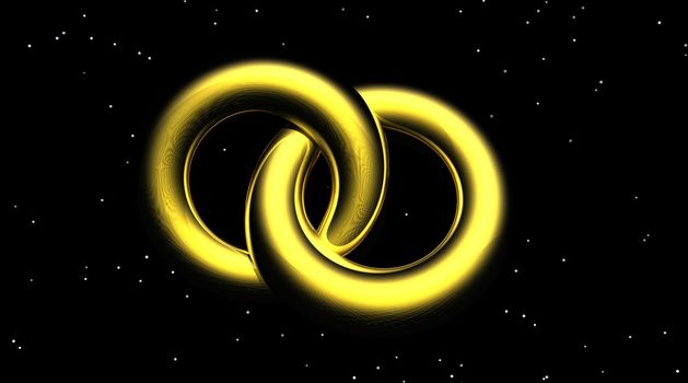 Two gold rings intertwined in stary night