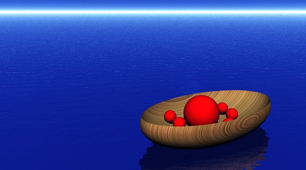 One big and several small red ball in a wood boat floating on a deep blue sea by the night