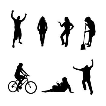A collection of people silhouettes in different poses isolated over white.  All silhouettes were traced from photos found in my portfolio.