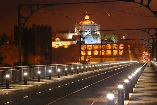 Night view of Monastery from bridge, Porto, Portugal