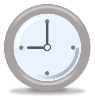 Silver and blue clock on white background showing nine