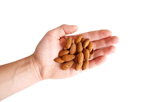 A hand holding almonds