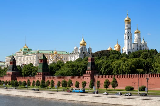 Russian red Kremlin view at day with river