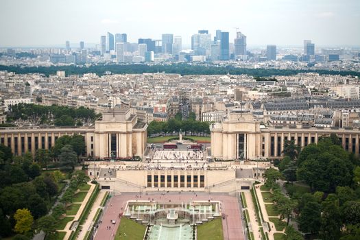 Birds eye view from Eiffel tower on Place de Varsovie, Pont d'Iena and Challiot Palace