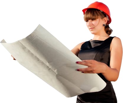 Business woman considers construction plans, white color background