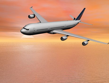 airplane with sunset behind 3d illustration