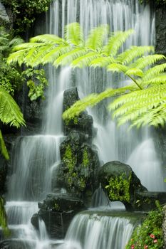 Japanese garden waterfalls, slow shutter.