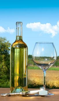 Empty glass with a bottle of white wine against blue sky