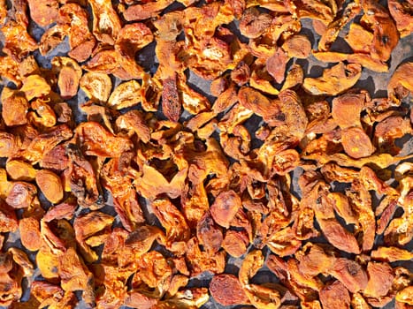 background of dried apricots drying in the sun