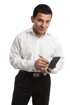 Waiter taking an order or worker jotting down notes in a notepad.  White background.