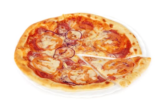 pizza closeup with salami, tomato, onion and mozzarella cheese