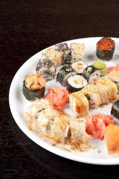 view of closeup japanese sushi set at plate