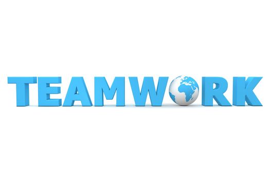 blue word Teamwork with 3D globe replacing letter O