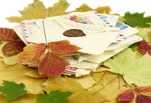 set of old letters lies on autumn foliage