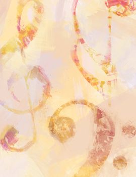 Treble and bass clefs and a single note delineated by brush strokes and dominating a background of brush strokes of milder colors.